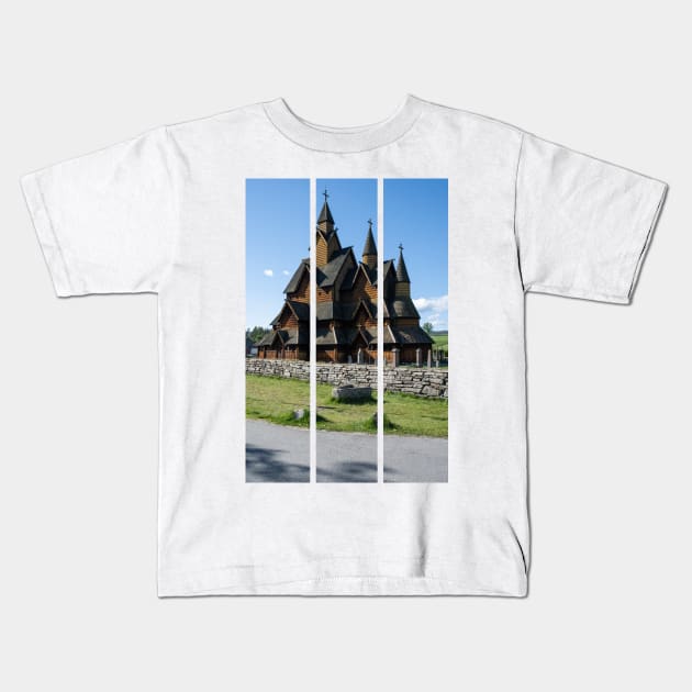 Medieval graveyard and Heddal wooden stave church. Heddal Stavkirke, 13th century. Largest stave church in Norway. Sunny spring day (vertical) Kids T-Shirt by fabbroni-art